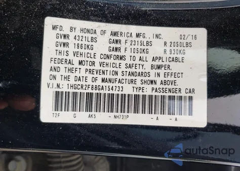 2016 Honda Accord Exl z USA, uszkodzony, nr VIN 1HGCR2F88GA154733